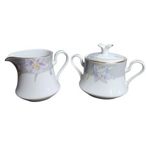 Mikasa Charisma Gray L9049 Sugar Bowl w/Lid Creamer Pitcher Set Floral Gold Trim
